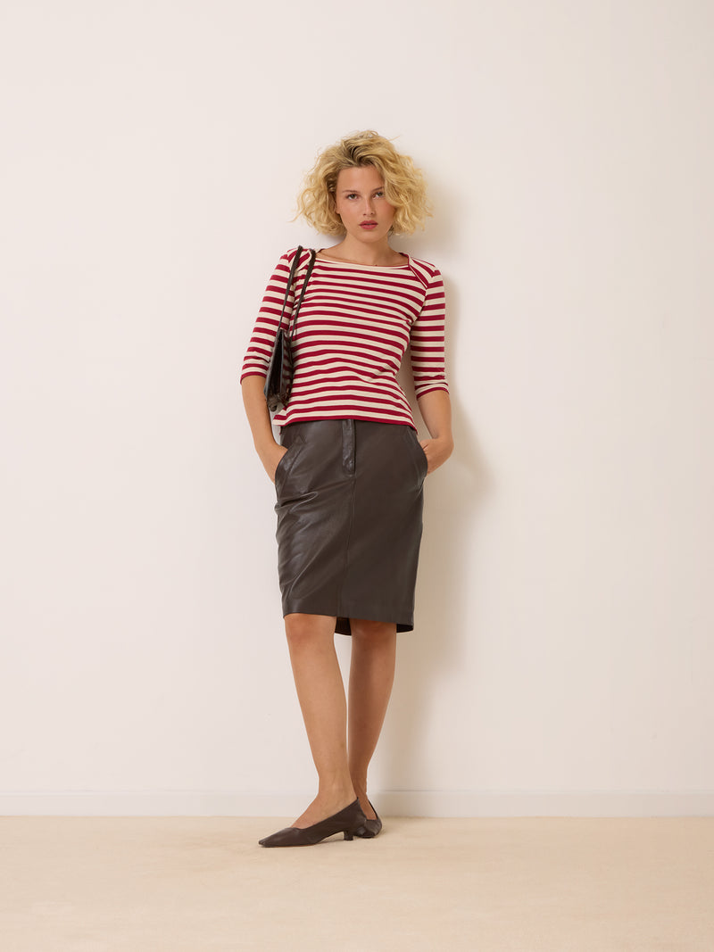 RENEE cachou leather midi skirt worn on a model by Rouje [collection:662656221512]
