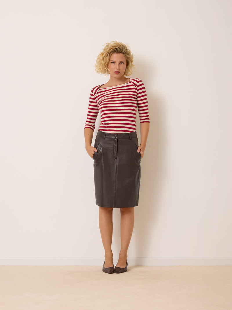 RENEE cachou leather midi skirt, front view by Rouje