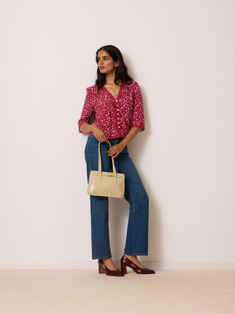 ALDA raspberry floral blouse with lace, back view by Rouje