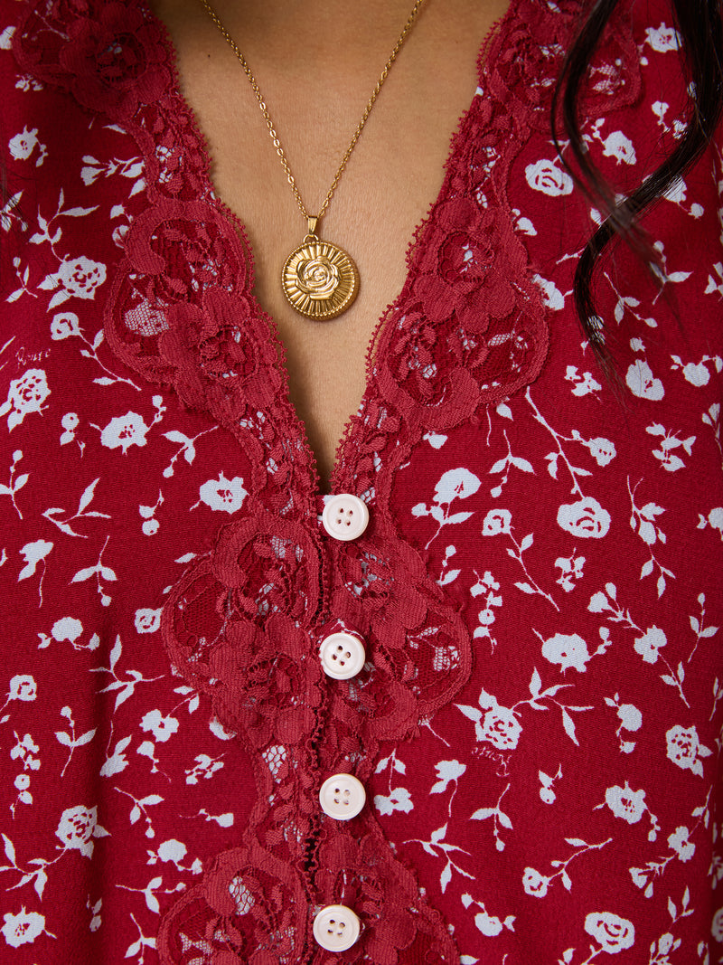 ALDA raspberry floral blouse, detail of lace collar by Rouje