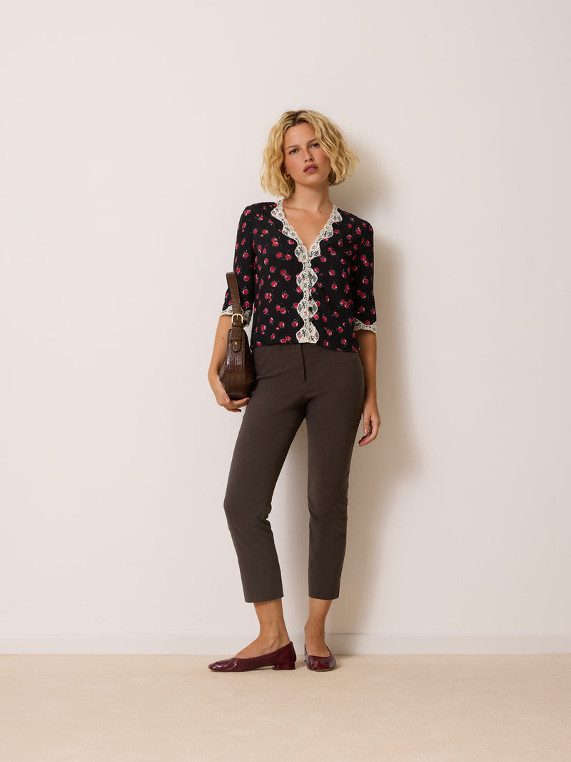 ALDA black cherry print blouse, detail of lace collar by Rouje
