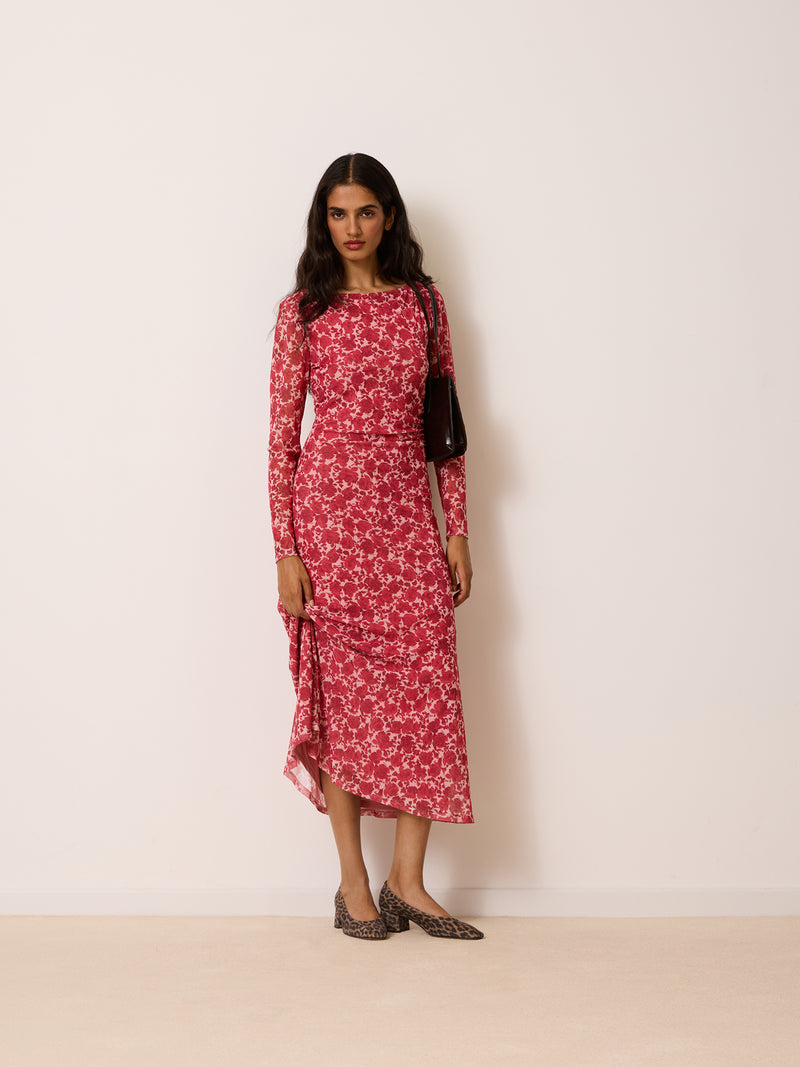 ALEXINE raspberry Wild Roses floral print long fitted mesh dress, front view by Rouje