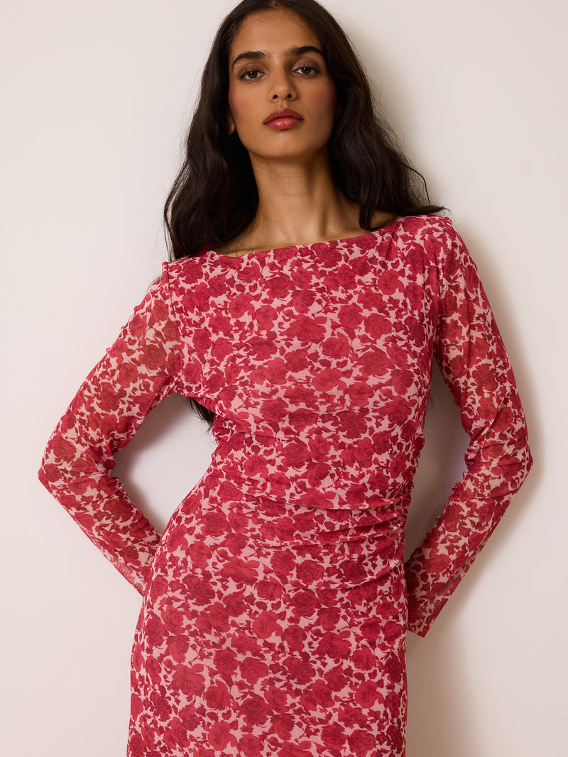 ALEXINE raspberry floral long fitted mesh dress, back view by Rouje