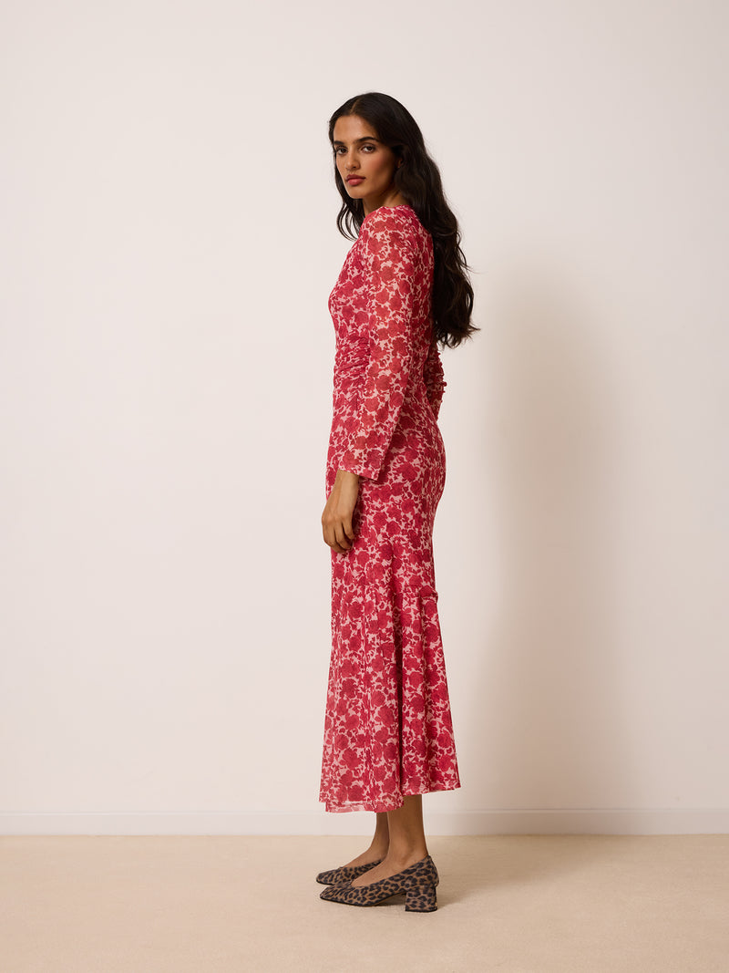 ALEXINE raspberry floral mesh dress, detail of boat neckline by Rouje