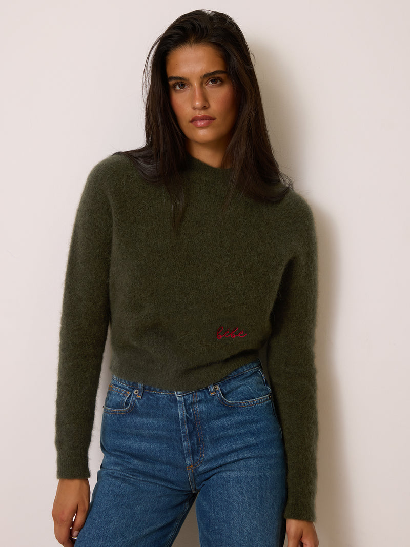 NACIMA khaki round neck long-sleeve sweater, front view by Rouje