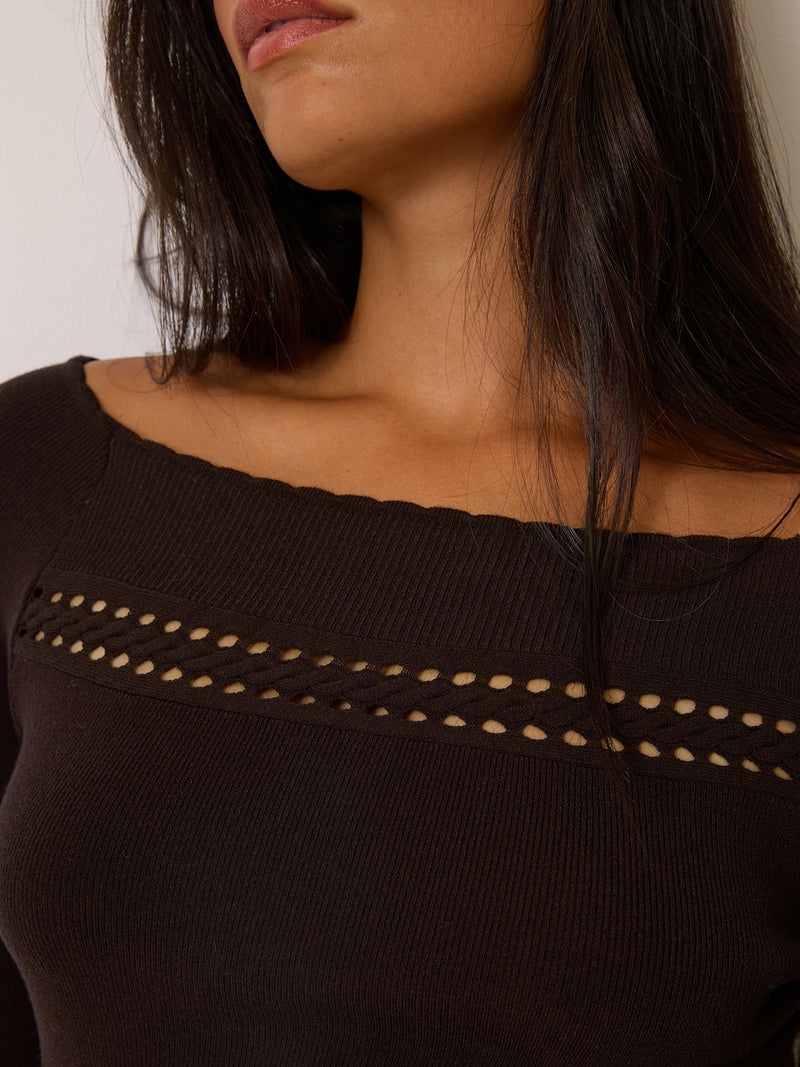 ANDINA chocolate dress, detail of neckline by Rouje