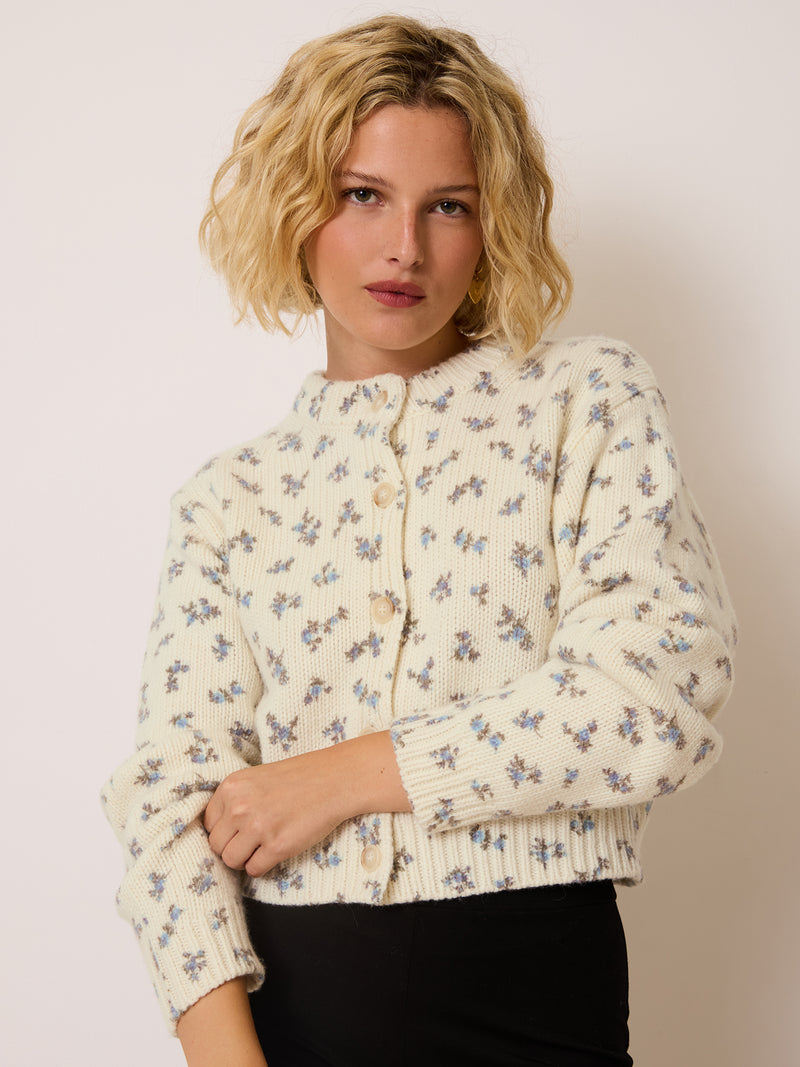 ANIL ecru floral print cardigan worn on a model by Rouje