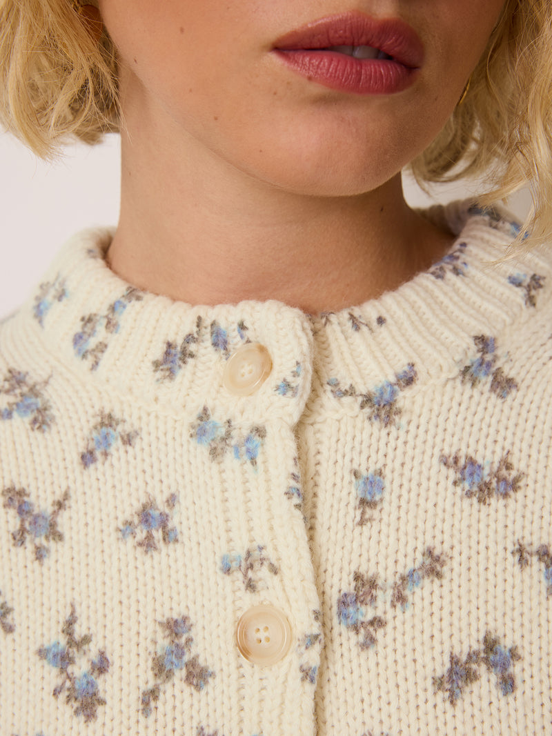 ANIL ecru Midnight Bloom cardigan, detail of ribbed trims by Rouje