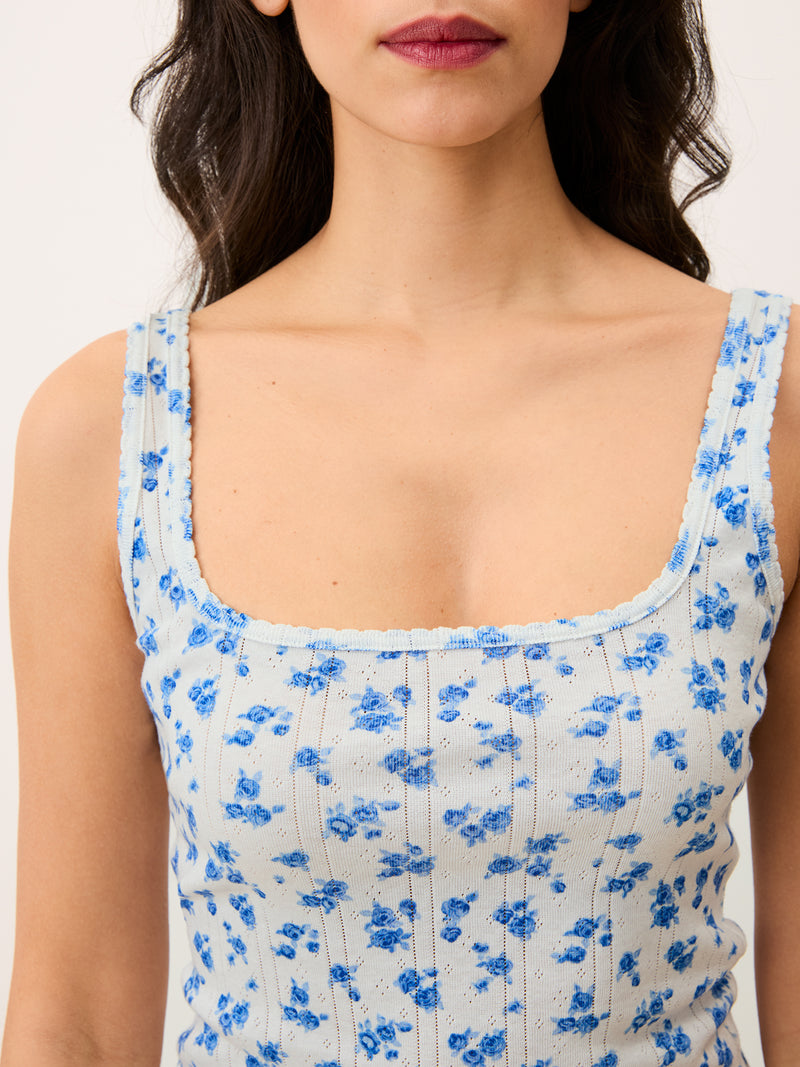 ANINA blue Cite Rose floral pointelle tank top, back view by Rouje