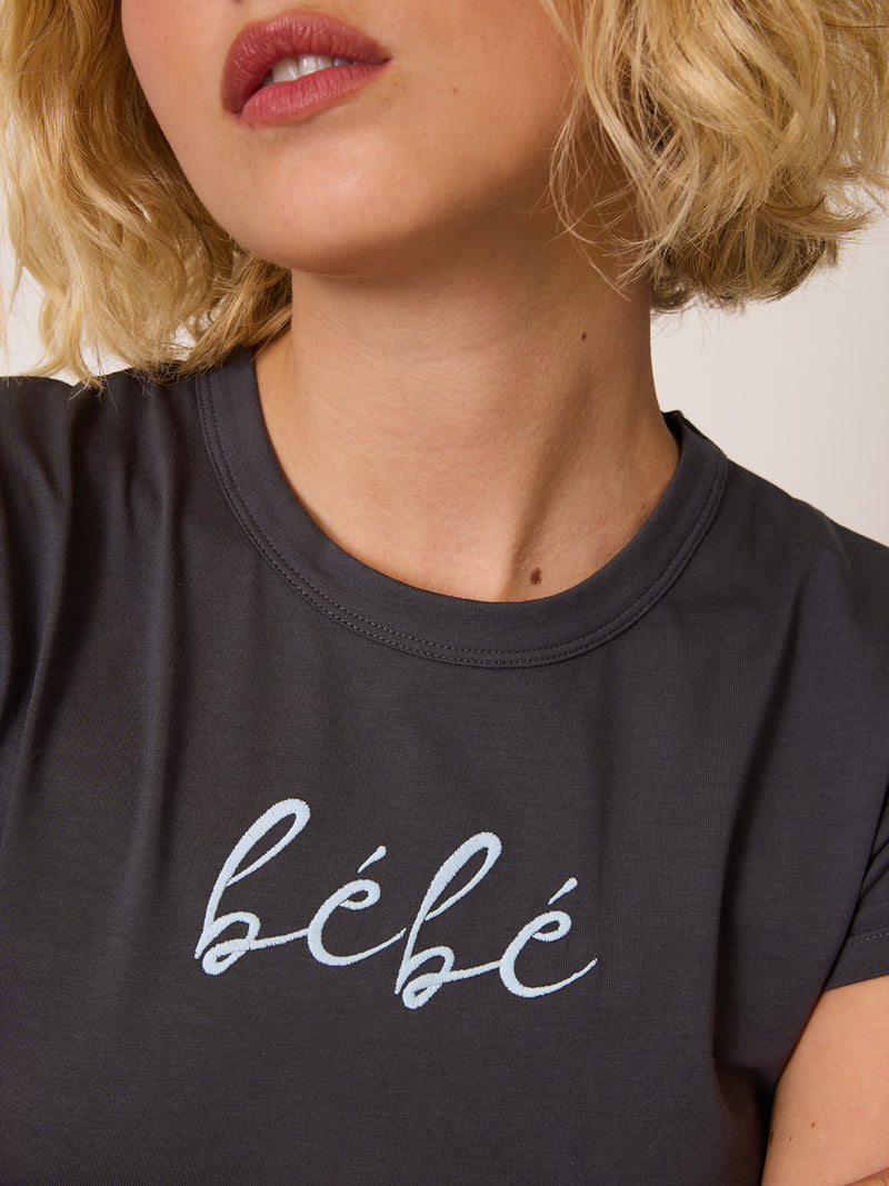 BEBE charcoal grey Bebe embroidered T-shirt, back view by Rouje