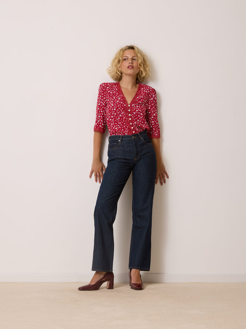 ALDA raspberry Dolce Rosa floral print V-neck blouse with lace, front view by Rouje