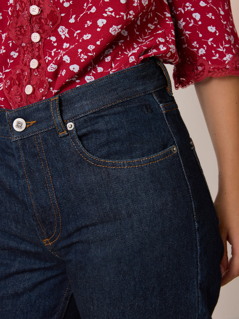 BOTZARIS raw denim straight jeans, detail of embroidered R pocket by Rouje
