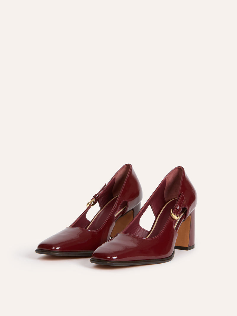 BRERA burgundy patent leather openwork pumps, back view by Rouje