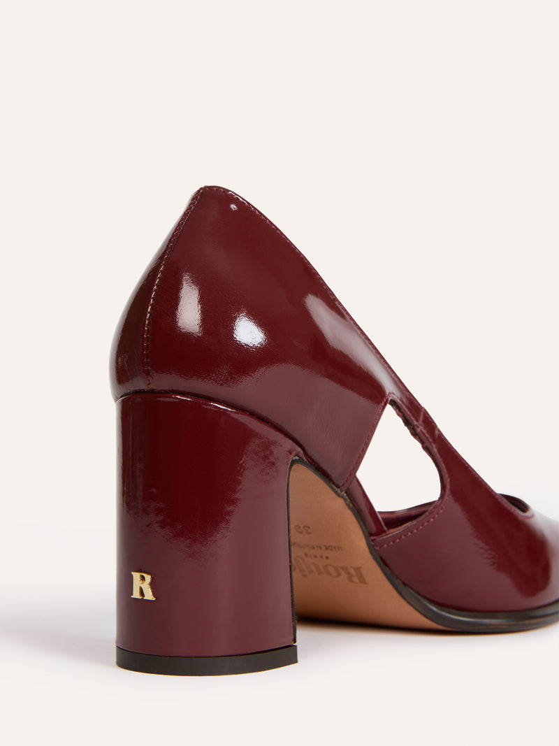 BRERA burgundy patent leather openwork pumps, side view by Rouje