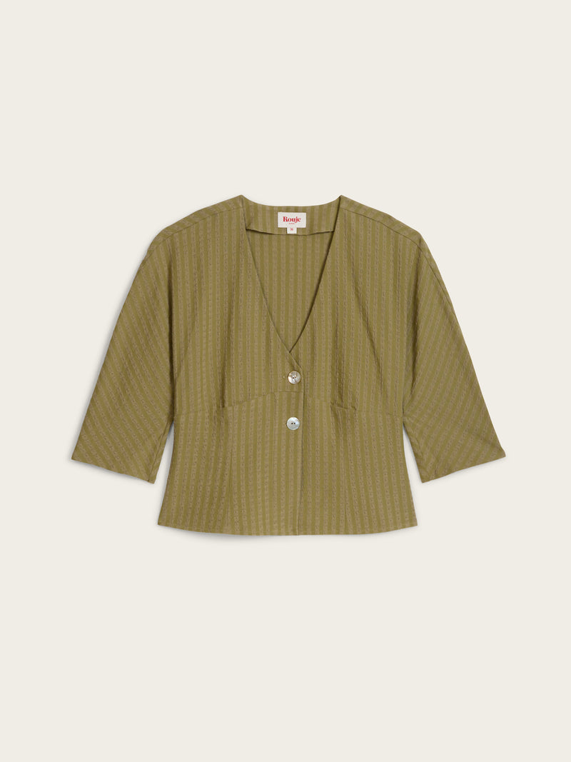 DANY olive green V-neck buttoned shirt, flat packshot by Rouje