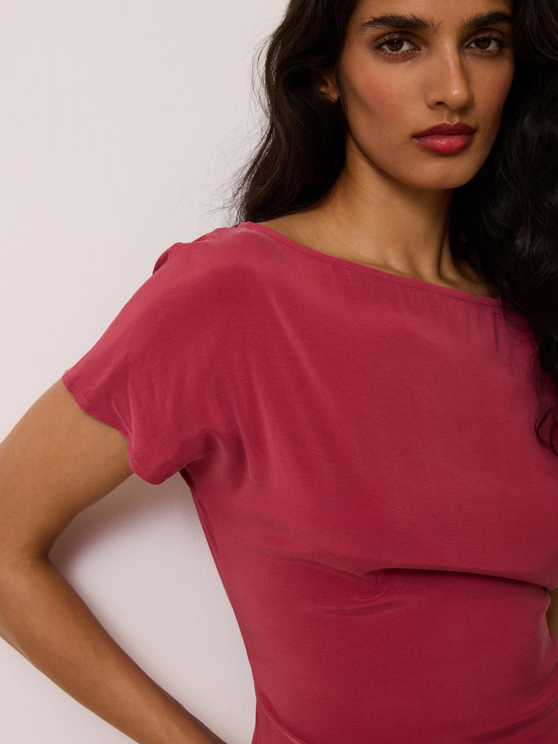 DEAN raspberry Carmen flowy top worn on a model by Rouje