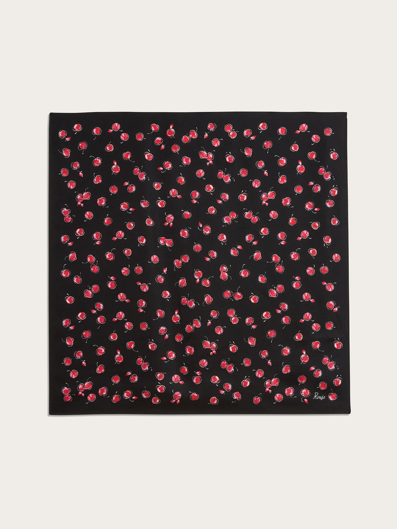 EDDY black Griottes cherry print silk scarf, detail view by Rouje