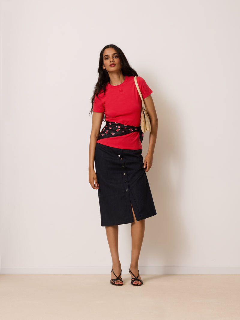 EDDY black Griottes cherry print silk square scarf, flat packshot by Rouje