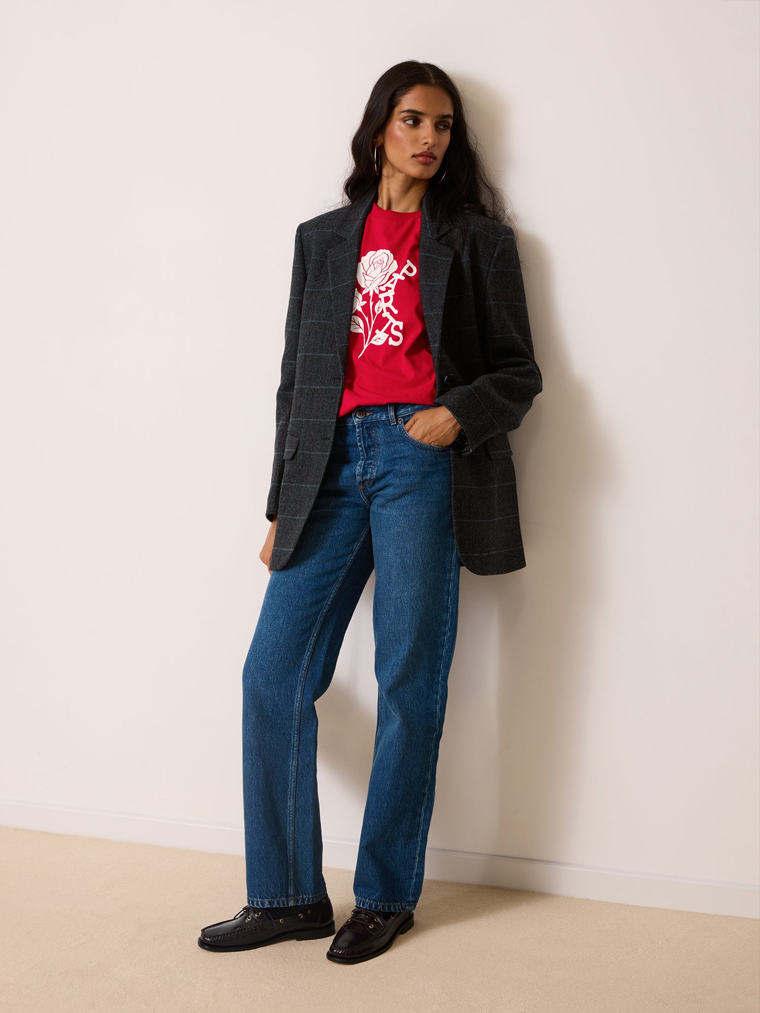 JACQUES grey herringbone check oversized blazer, back view by Rouje