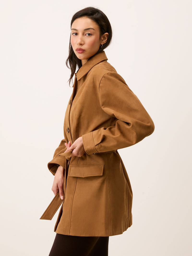 EMILIO camel suede mid-length jacket, detail of flap pockets by Rouje