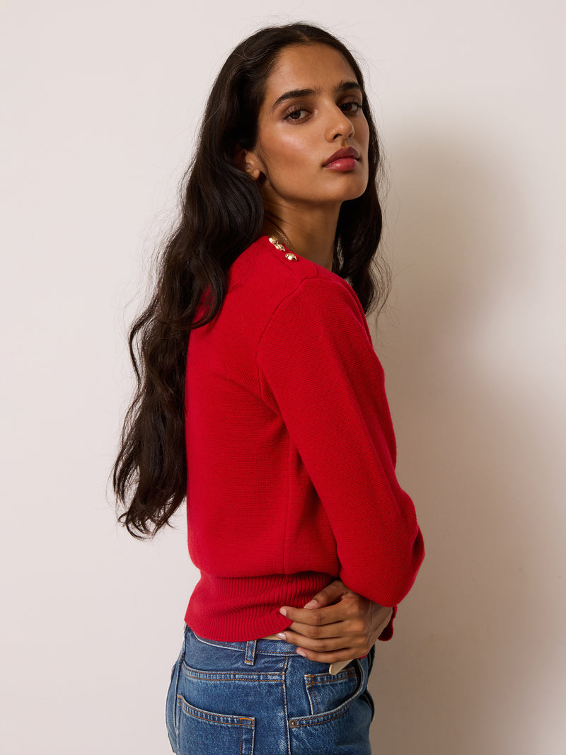 ERELL red merino sweater, detail of rose gold buttons on the shoulder by Rouje