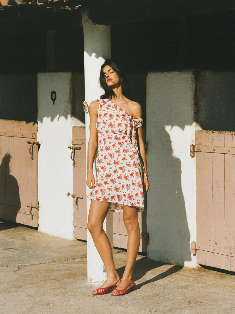 ERIN white Balade bucolique floral off-the-shoulder short dress, front view by Rouje