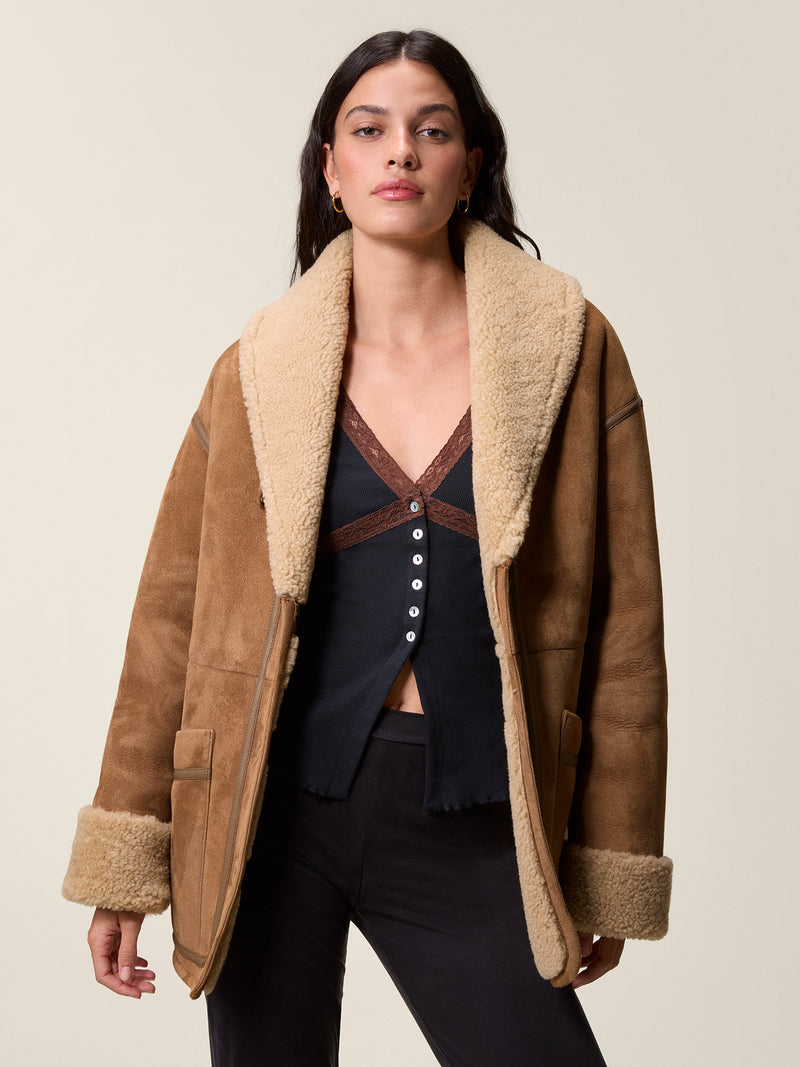 FERDINAND taupe sheepskin coat worn on a model by Rouje