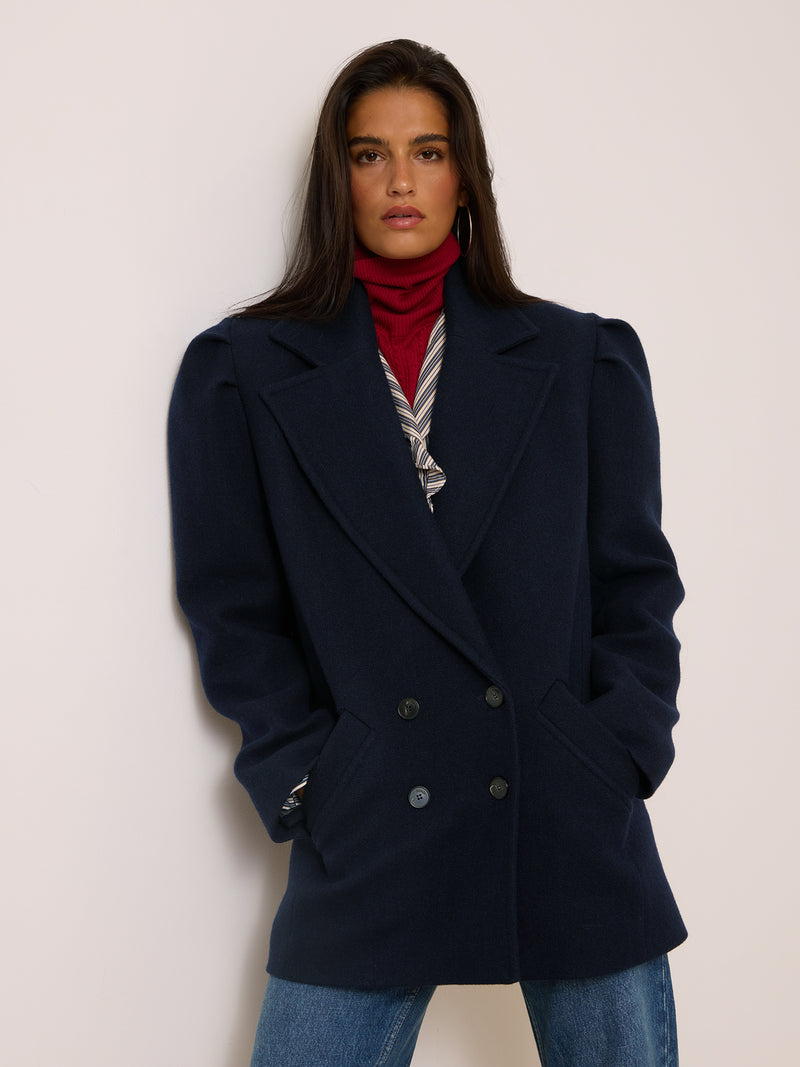 FERNAND navy blue mid-length coat, back view by Rouje [collection:606018699592] [collection:638818910536]