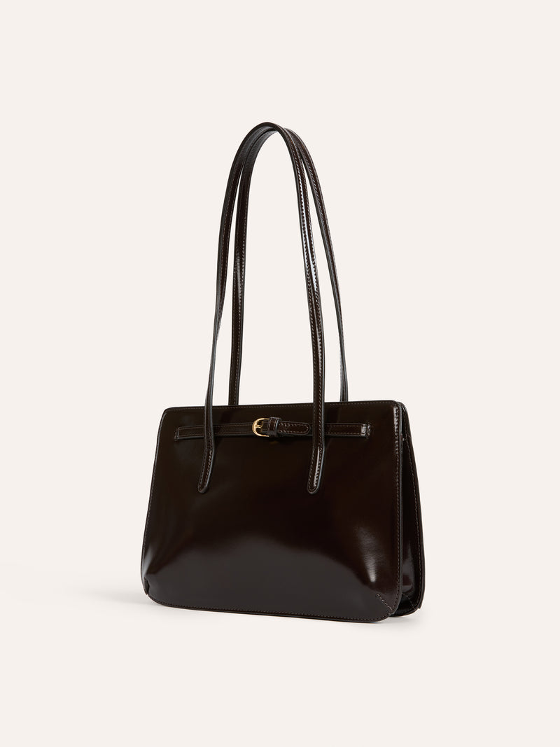 FIANCE cafe brown glazed leather handbag, back view by Rouje