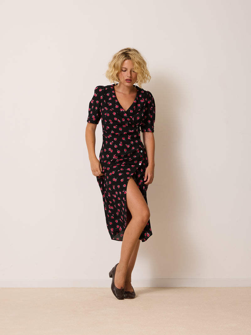 FILIPPA black cherry print dress, detail of V-neck with lace by Rouje
