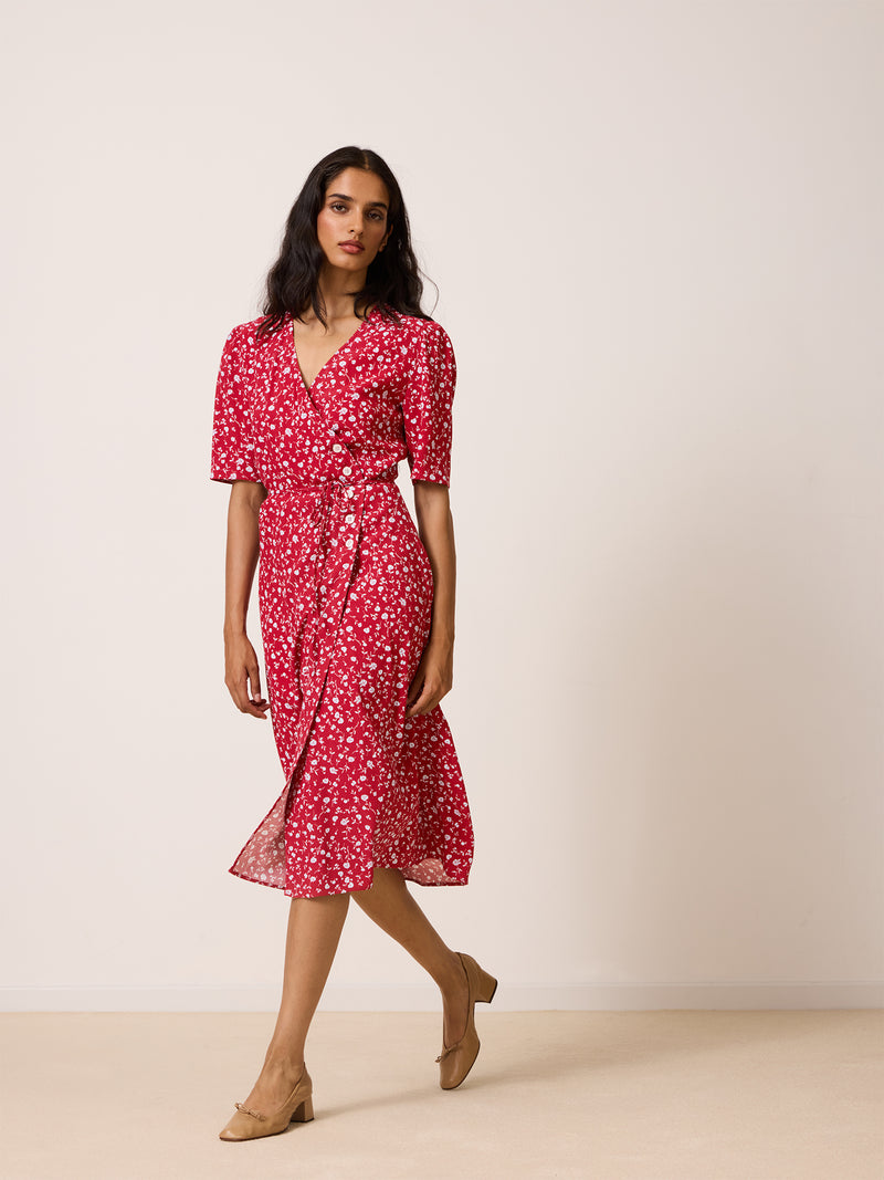 GABIN raspberry floral wrap midi dress worn on a model by Rouje