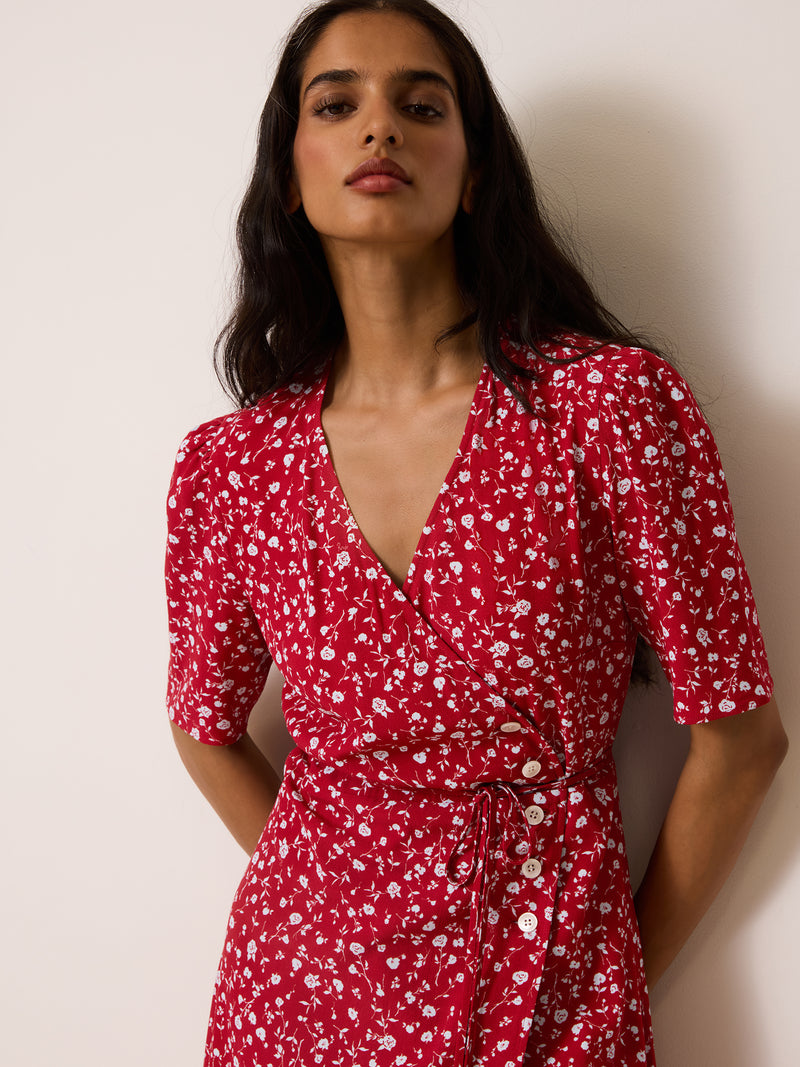 GABIN raspberry Dolce Rosa floral print wrap midi dress, front view by Rouje