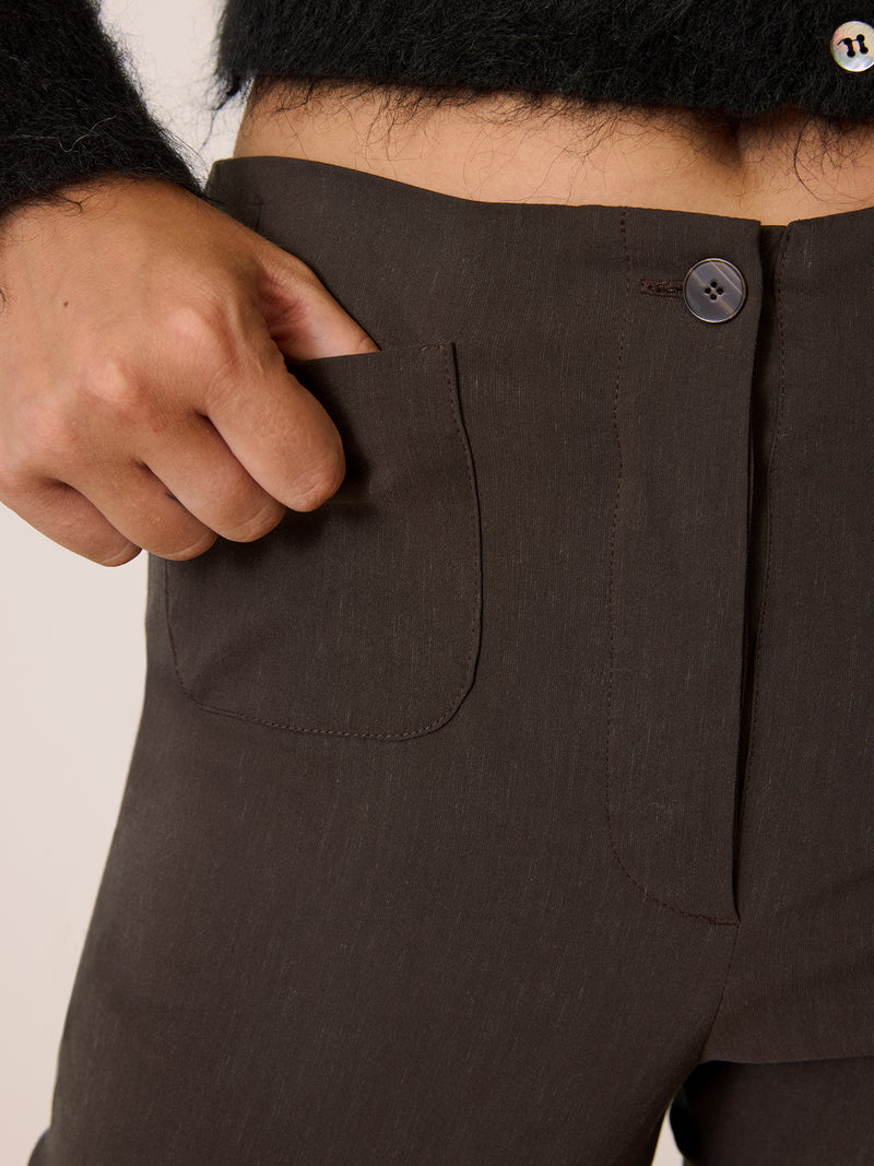 HARRY brown stretch cropped trousers, detail of ankle slits by Rouje