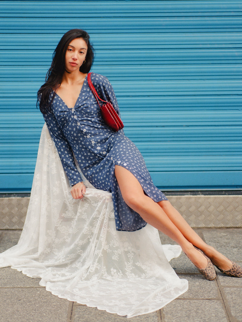 LENA Arlesienne denim print long button-up dress, front view by Rouje