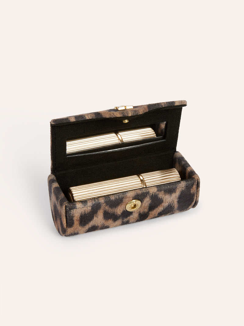 LIPS leopard print lipstick case, open view by Rouje