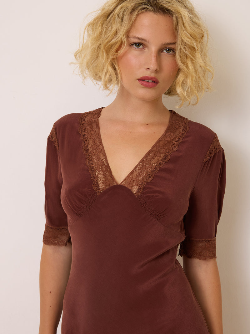 LISERON chocolate midi dress worn on a model by Rouje