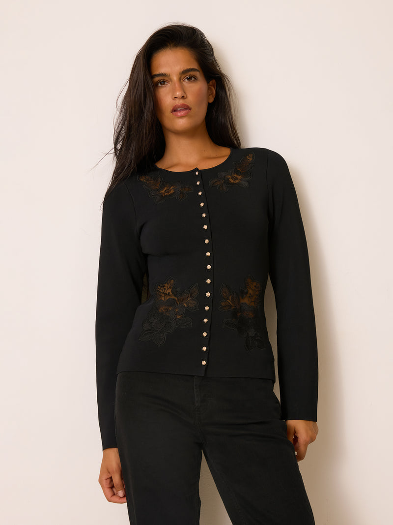 LUCIENNE black embroidered cardigan worn on a model by Rouje