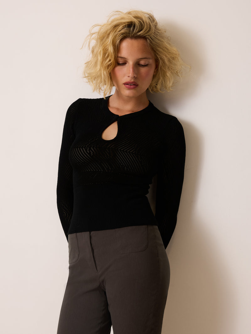 MALAK black openwork pointelle-knit sweater, back view by Rouje