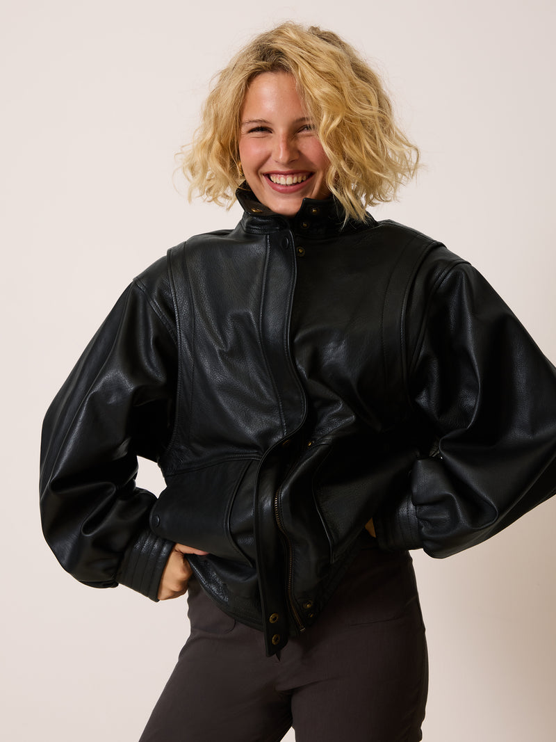 ROMEO black leather bomber jacket worn on a model by Rouje