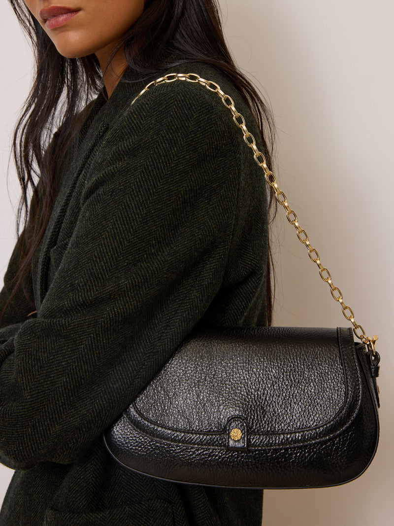 DARLING black grained leather bag, front view by Rouje