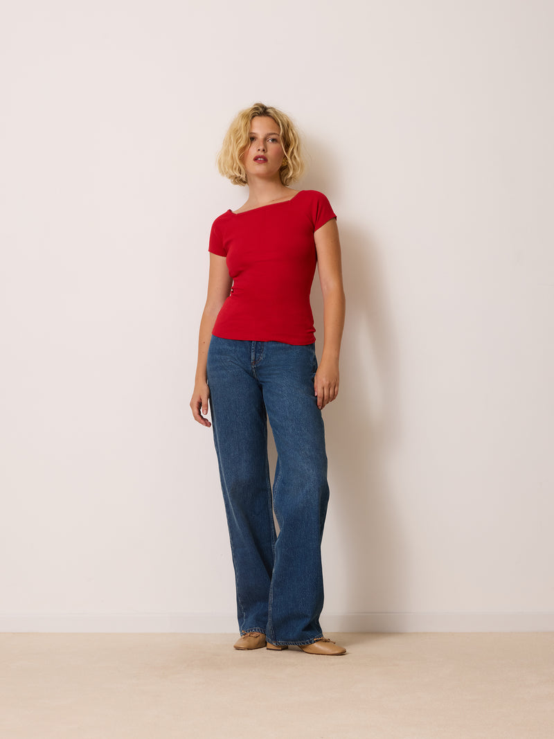 MELISSANE red ribbed T-shirt worn on a model by Rouje