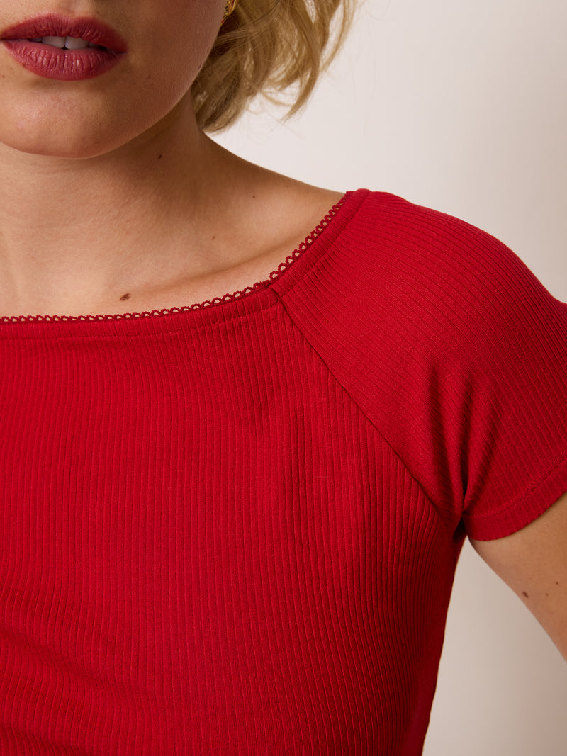 MELISSANE red ribbed T-shirt, back view by Rouje