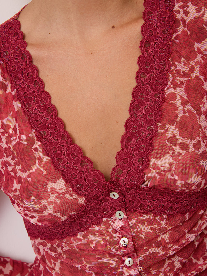 MIREILLE raspberry floral mesh top, back view by Rouje
