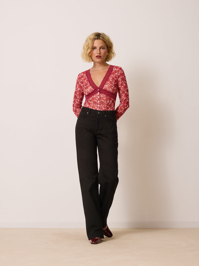 MIREILLE raspberry floral mesh top with lace, side view by Rouje