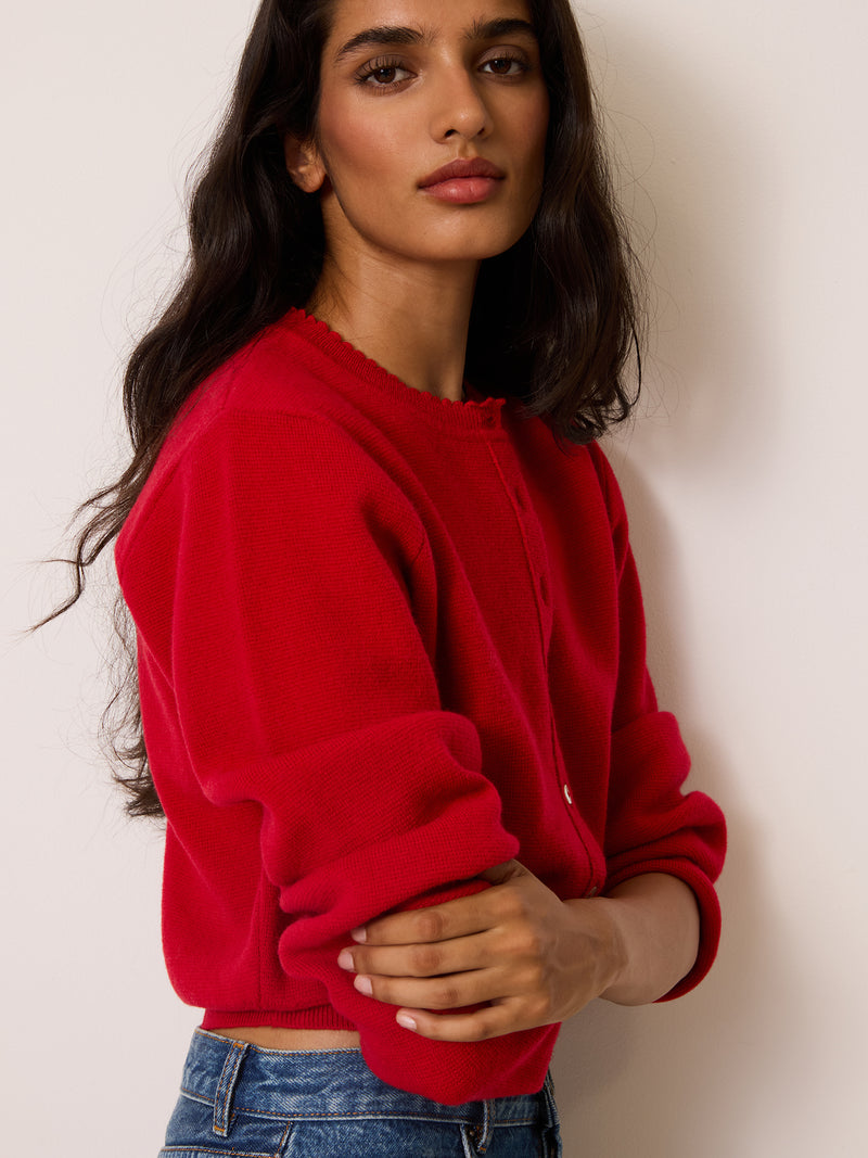 NATHALIE red merino wool cardigan, back view by Rouje