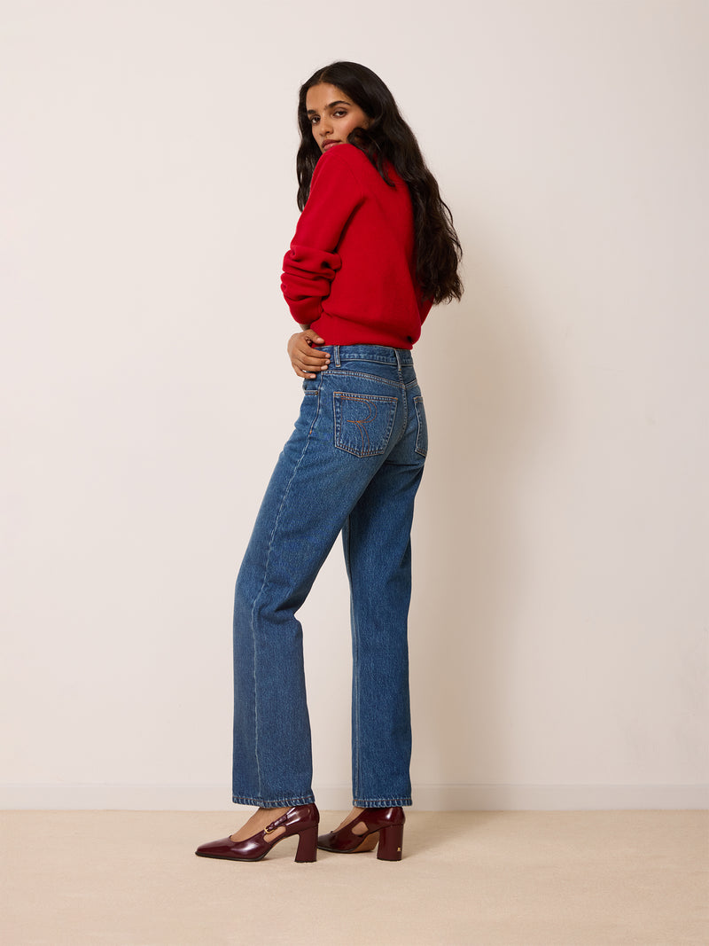 BOTZARIS indigo stone jeans, detail of embroidered R pocket by Rouje