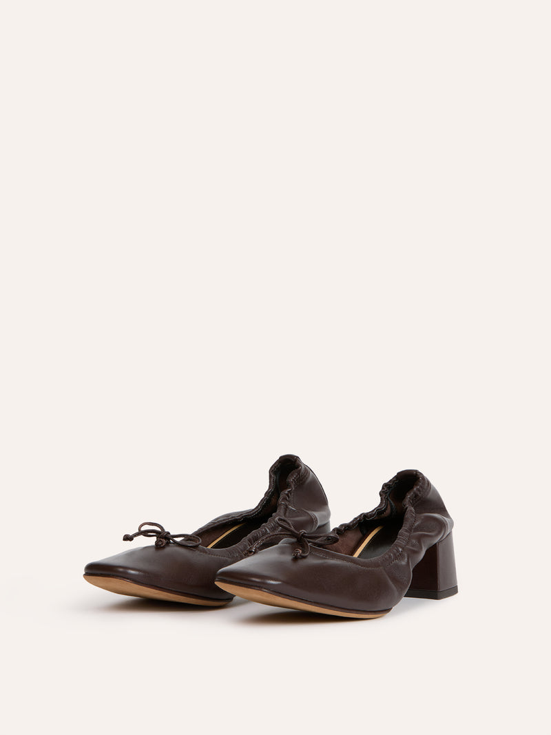 NICOISE cocoa brown leather ballet flats, back view showing R logo by Rouje