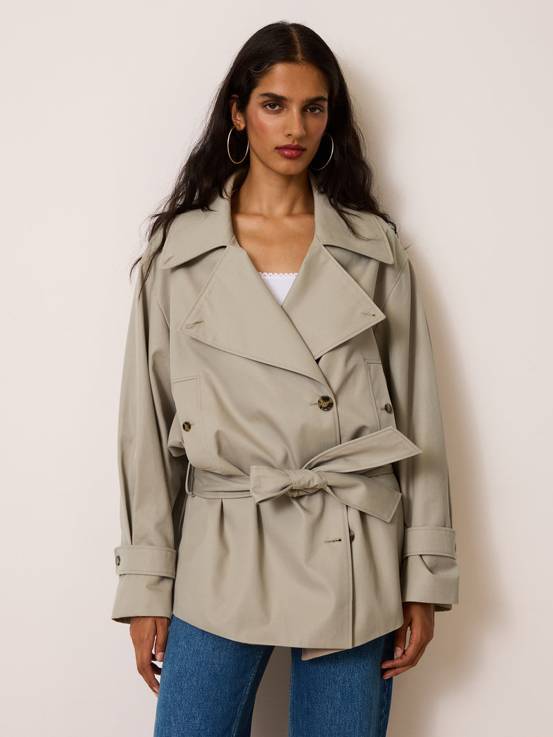 THEODORA putty beige trench coat, detail of removable belt by Rouje