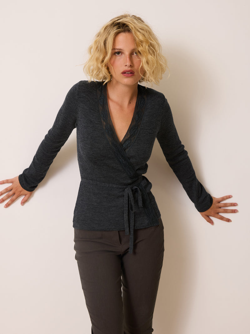 NOE charcoal grey wool lace top worn on a model by Rouje