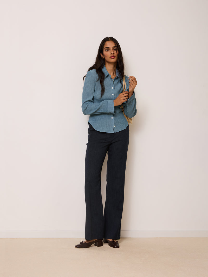 PALMYRA denim blue crinkle shirt, back view by Rouje